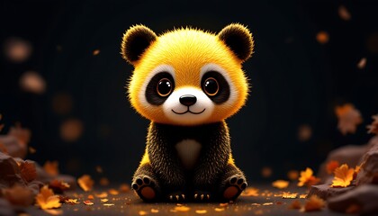 Adorable Golden Panda Cub Autumn Leaves Wallpaper