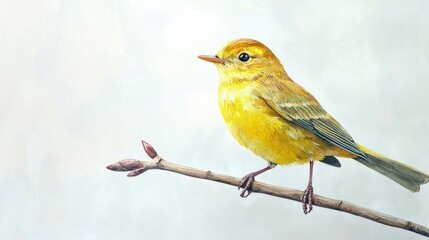 Obraz premium A vibrant yellow bird perches on a branch against a soft, muted background, showcasing its delicate features and lively colors.