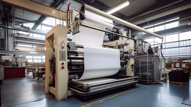 Overhead view of a large industrial printing press machine operating in a commercial printing factory producing stacks of paper sheets for commercial production and publication