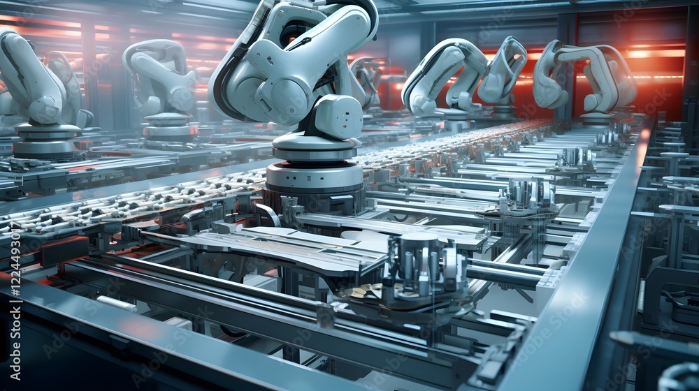 Poster fully automated industrial assembly line with modern robotic machinery and efficient manufacturing p