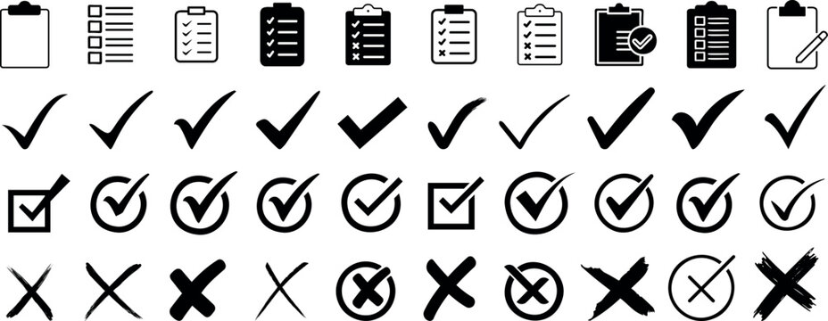 Checklist vector icon set, checkmarks, cross symbols, and clipboard designs vector style. Perfect for task management, to do lists, forms, and productivity related projects