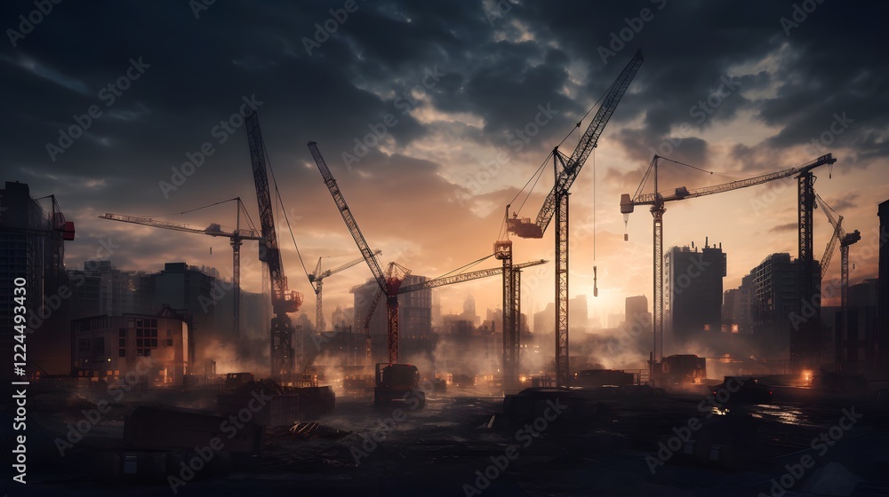 Poster bustling construction site with towering cranes and heavy machinery in motion capturing the dynamic 