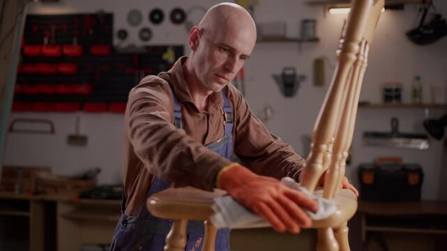 Woodworker cleaning wooden chair before restoration work