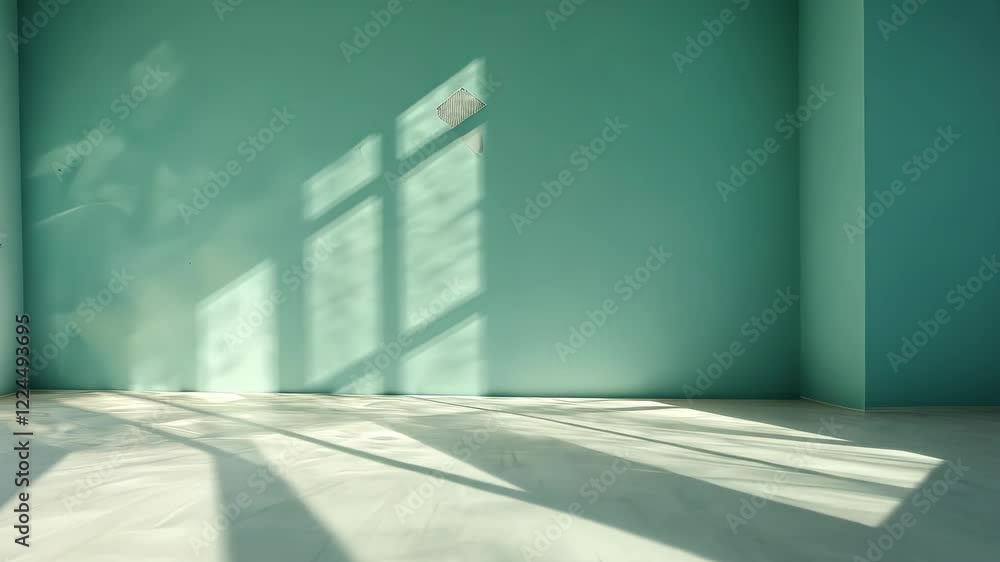 Poster sunlight is streaming through window and creating shadows on turquoise wall in empty room with white