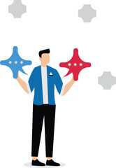 Two different ideas or opinions, different advice, a businessman holding a speech bubble in each of his left and right hands