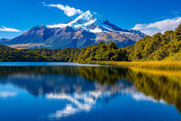 A mountain is reflected in the water of a lake