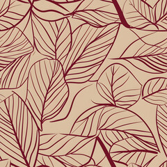 A seamless pattern of stylized leaves in maroon on a light background.