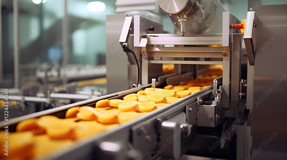 Poster automated food processing machine rapidly packaging products at high speed within a modern industria