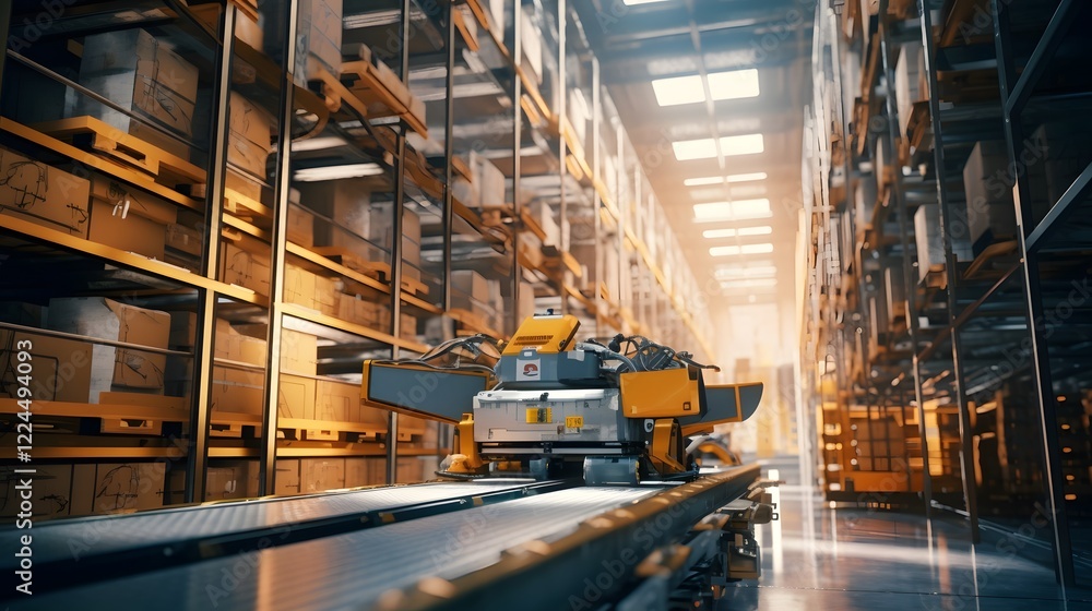 Poster fully automated logistics management in a modern warehouse streamlined workflow increased efficiency