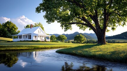 Obraz premium Serene Farmhouse Near a Pond in a Rolling Green Landscape