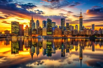 Fototapeta premium City Skyline Dusk - Skyscrapers Reflecting Sunset Glow & City Lights