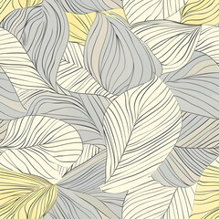 A seamless pattern of stylized leaves in muted colors, ideal for textile design.
