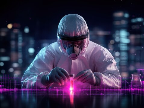 Scientist in protective gear working at night.