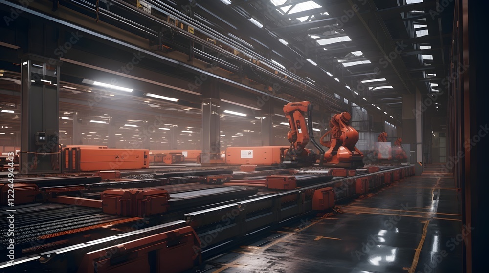 Poster advanced automated machine handling logistics and supply chain in a modern efficient warehouse facil