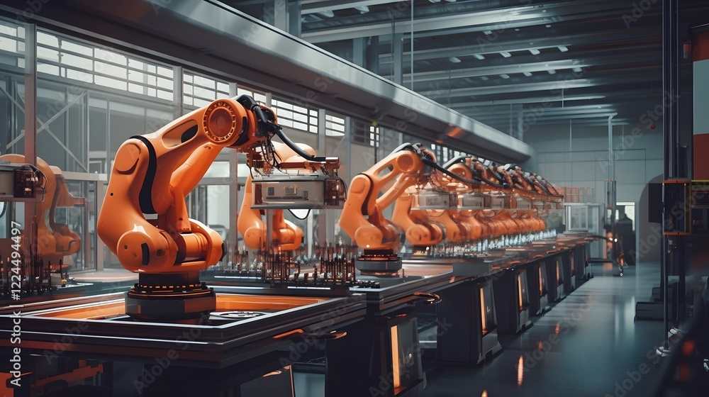 Poster futuristic robotic assembly line in a high tech automated manufacturing facility with precision mach