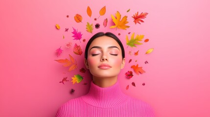 A woman meditating with autumn leaves around her.