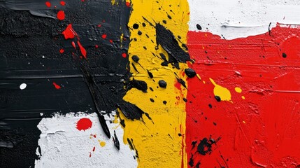 Abstract background with bold splashes of paint in red, yellow, and black on a textured canvas 