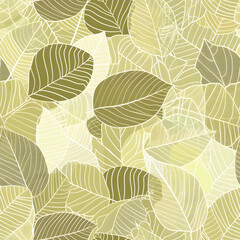 A seamless pattern of various leaves in soft green and cream tones.