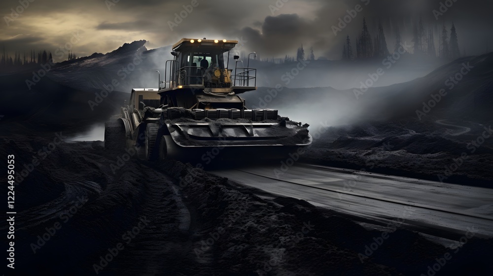 Poster heavy construction equipment such as large paving machines and rollers meticulously laying down a fr