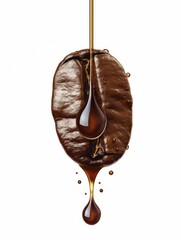 Drop of coffee dripping from coffee seed isolated on white