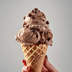 Hand holding chocolate cream cone on gray color