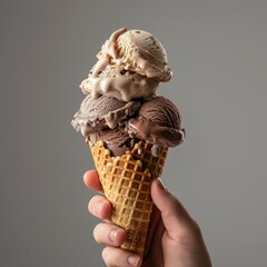 Hand holding an Chocolate and Vanilla cream cone on isolated