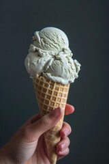 Hand holding an ice cream cone in studio