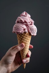 Hand holding an ice cream cone with dark bg