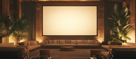 Contemporary lounge area featuring a large blank screen surrounded by sofas and tropical plants