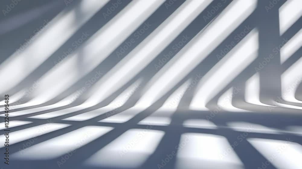 Poster sunlight is streaming through window and creating shadows on white wall in empty room with white flo