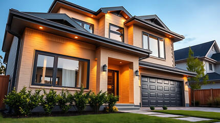 Fototapeta premium Luxury Modern Home Exterior at Dusk: Brick Facade, Contemporary Design, Landscaping