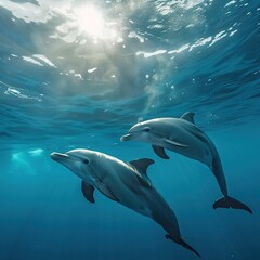 Naklejka premium Dolphins swimming ocean sun rays underwater wildlife