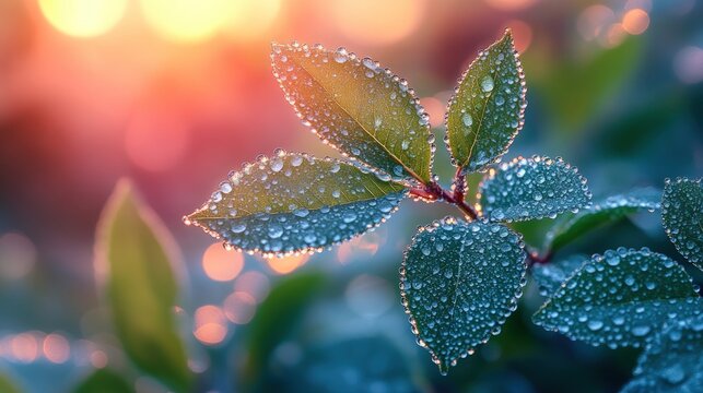 Dew-covered leaves, sunrise bokeh background.