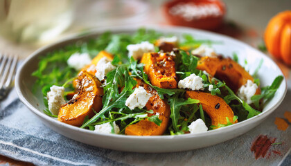 Fresh arugula salad with roasted butternut squash and feta cheese. Healthy and tasty food.