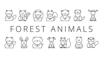 Cute Forest Animals Outline for Coloring Book, Vector Illustration Set