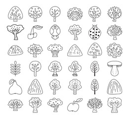 Cute Forest Trees Outline Vector Illustration Set,for Coloring Book
