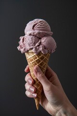 Hand holding an ice cream cone on gray color