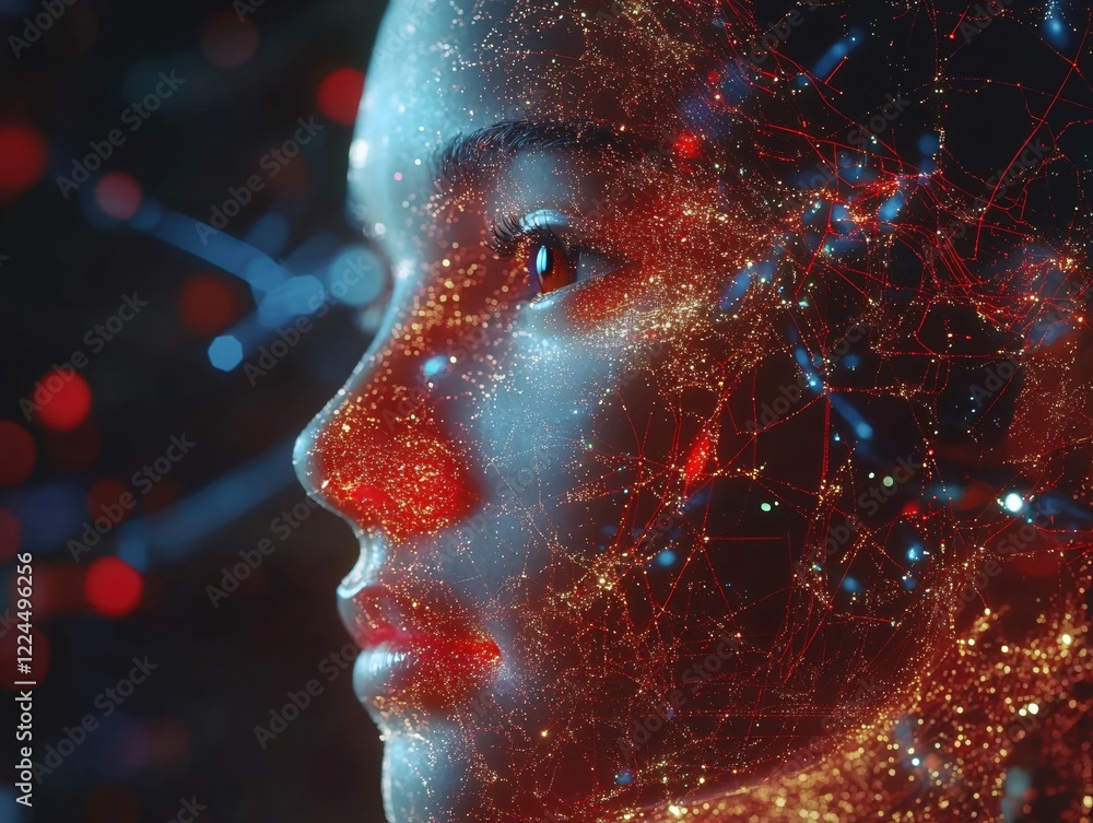 Aufkleber abstract face with glowing network of red and gold lines and dots on a dark background