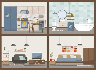 Modern apartment with equipment (furniture, sofa, armchair, dishes). Kitchen, bathroom, living room, bedroom.Flat Vector illustration