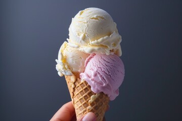 Hand holding an ice cream cone on gray background 