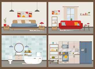 Modern apartment with equipment (furniture, sofa, armchair, dishes). Kitchen, bathroom, living room, bedroom.Flat Vector illustration