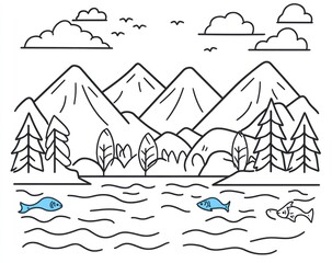 Mountain lake serene landscape, birds flying, fish swimming, nature scene, travel poster