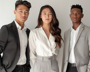Three professional interviewees in business attire pose together with soft lighting on a white background