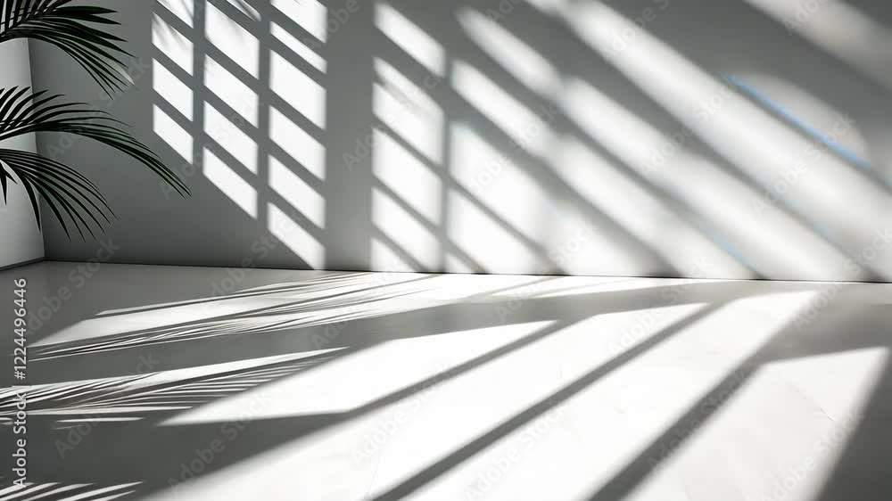 Poster sunlight is streaming through window and creating shadows on white wall in empty room with white flo