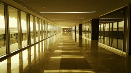 Fototapeta premium Golden-lit office hallway, city view, sunlight, reflection, modern architecture, corporate workspace