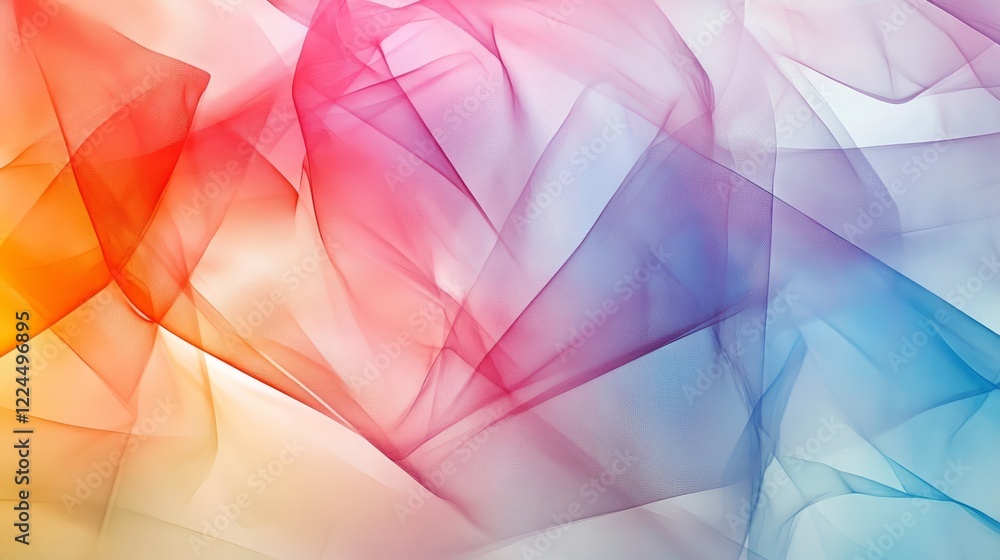 Poster geometric abstract background featuring overlapping translucent shapes in pastel hues on a white can