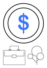 Blue dollar sign inside a coin outline above minimal line-art briefcase and abstract tree. Ideal for finance, banking, business growth, economy, investments, minimal design, abstract line flat