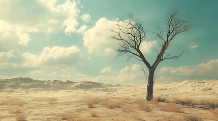 Obraz premium Lone Tree in a Desolate Desert Landscape