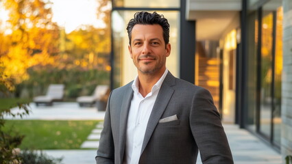 Closeup portrait of a handsome white male real estate agent in grey suit in front of a residential property, residential house