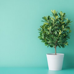 Green plant in white pot against a plain blue background with copy space for text or design